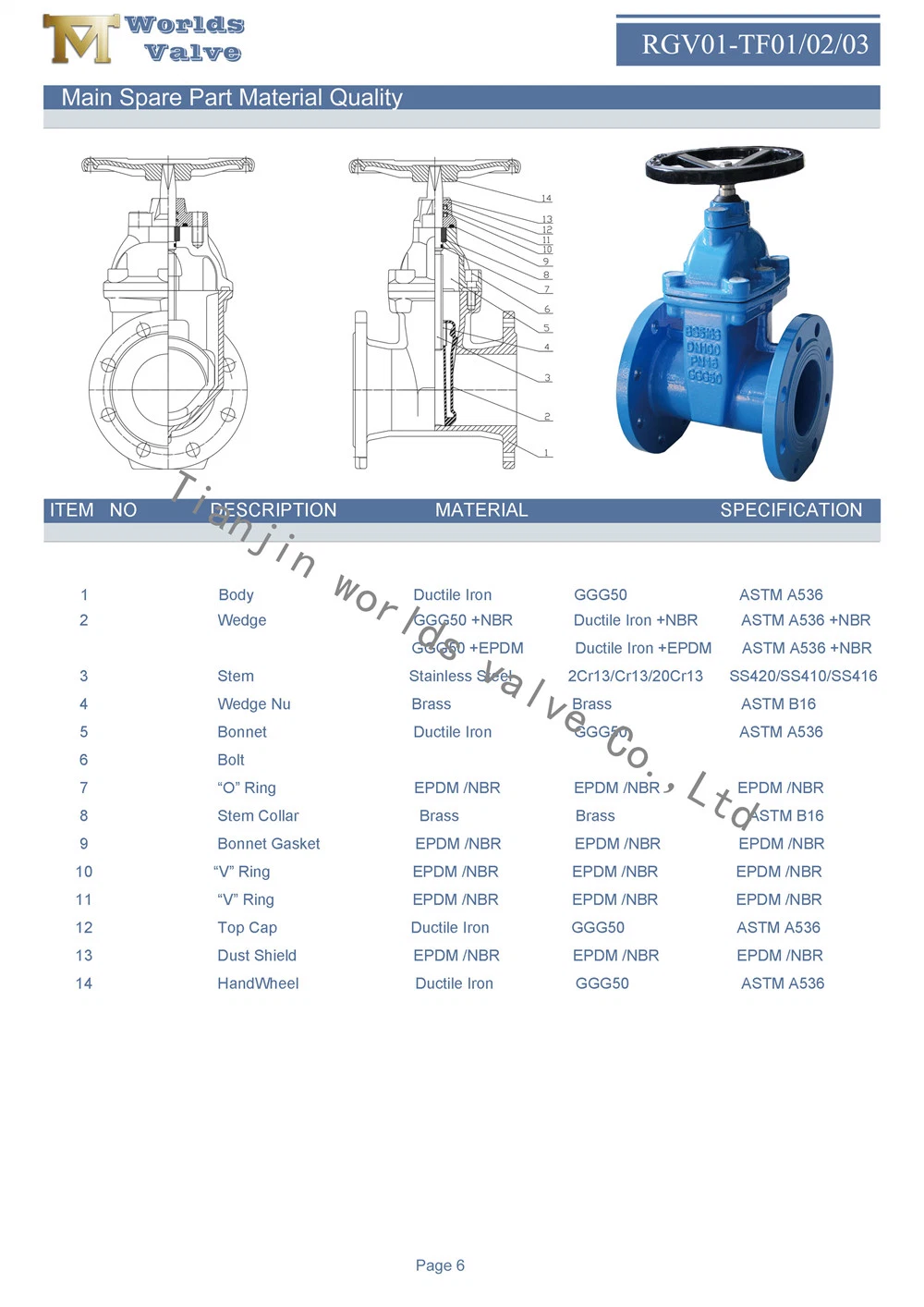 BS5163 Awwa C515 C509 DIN3202 F4 F5 Wras Acs Ce Ggg40/50 Ductile Cast Iron Non-Rising Stem OS&Y Resilient Seated Flanged Wedge Water Gate Butterfly Check Valves